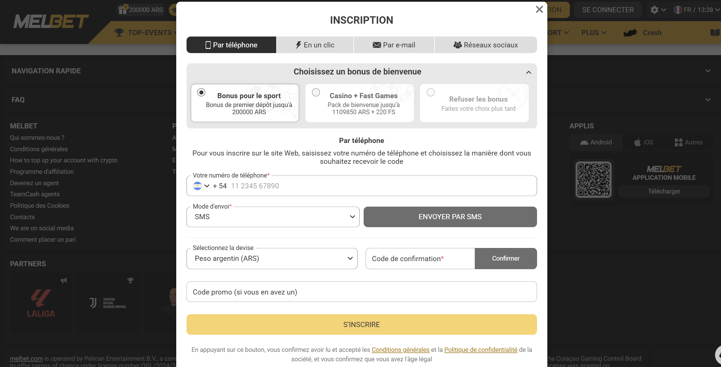 Formulaire d'inscription Melbet - créer un compte par téléphone ou e-mail